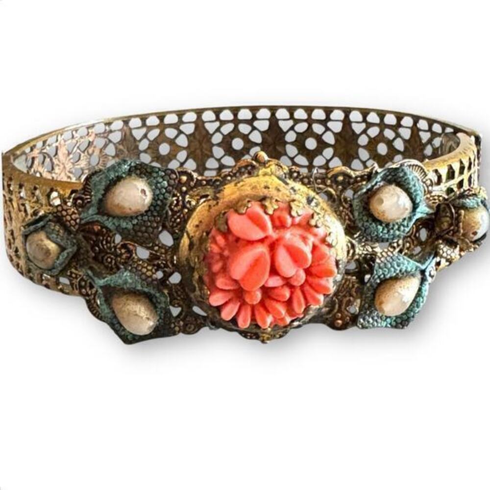 1930's Brass Filigree Bracelet Art Nouveau Vintage Coral Celluloid Bead Flowers